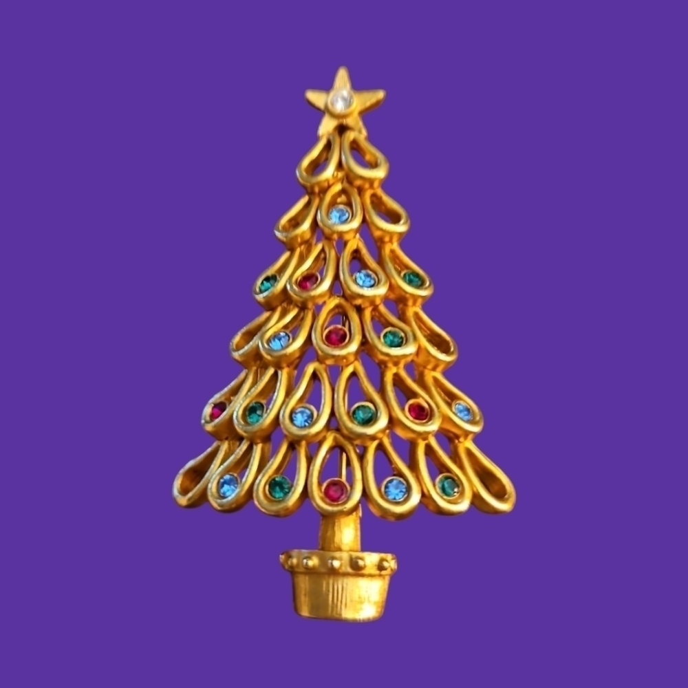 Vintage Goldtone Crystal Christmas Tree Brooch Pin